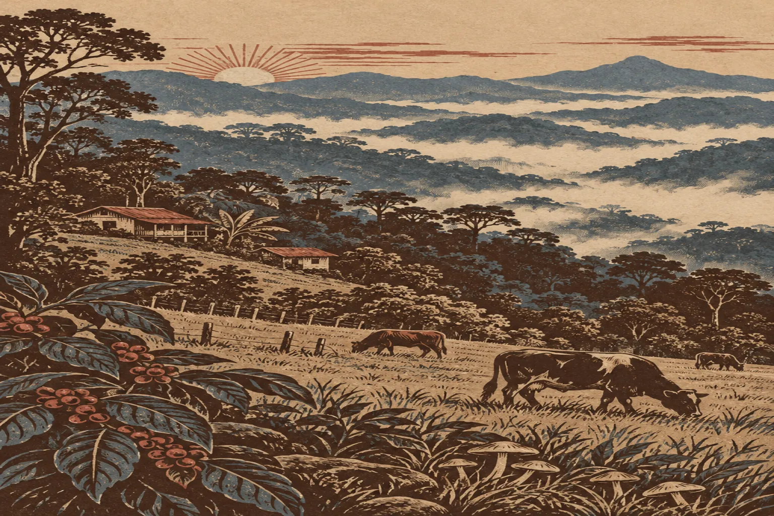 Linocut-style illustration of misty mountain ridges, a pasture with grazing cattle and small mushrooms in the grass